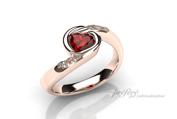 プロポーズの指輪はキュートなハート形ルビーでオーダーメイド　ピンクダイヤ　CG