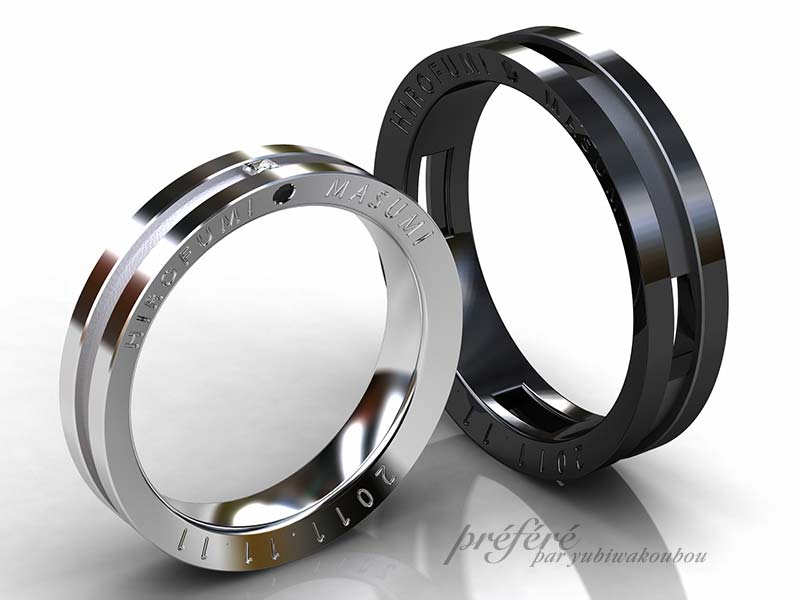 側面にも拘るブラック仕上げの結婚指輪はオーダーメイド