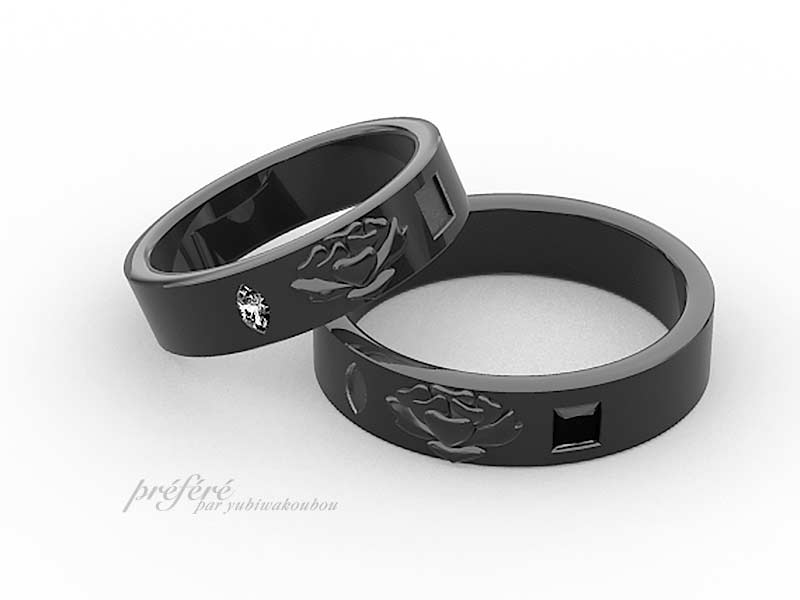 結婚指輪は渋いブラック仕上げのオーダーメイドでお花モチーフデザイン