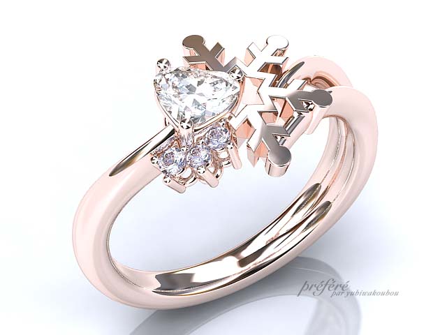 オーダーメイド婚約指輪　雪の結晶　ピンクゴールド　