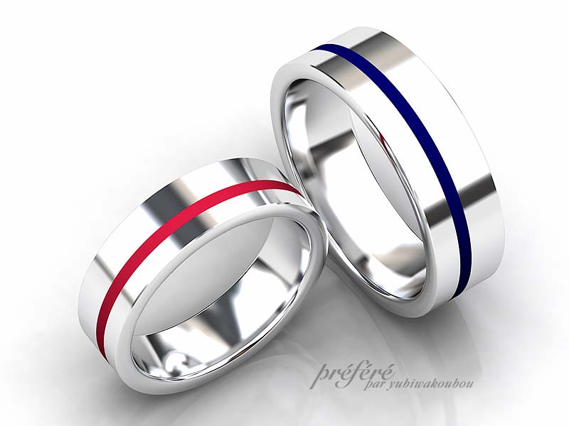 オーダーメイドの婚指輪はシンプルライ結ンにおしゃれなカラーのデザインです
