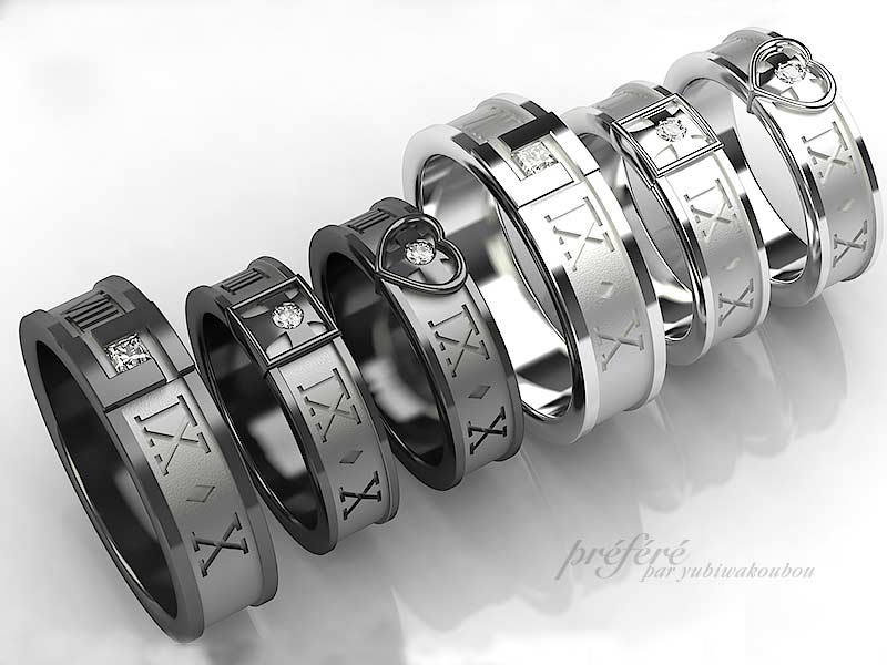 結婚指輪はイニシャルとアラビア数字のデザインで