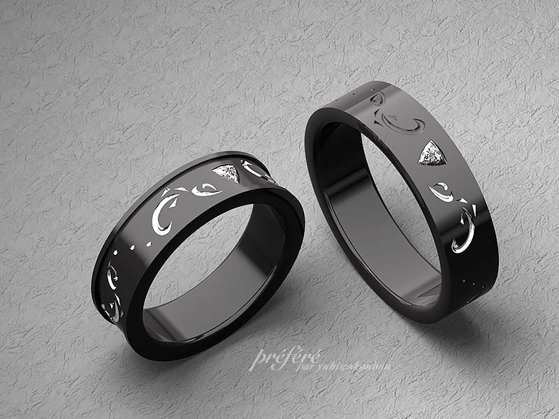 結婚指輪は三角ダイヤとハートのデザインを入れたブラックリング