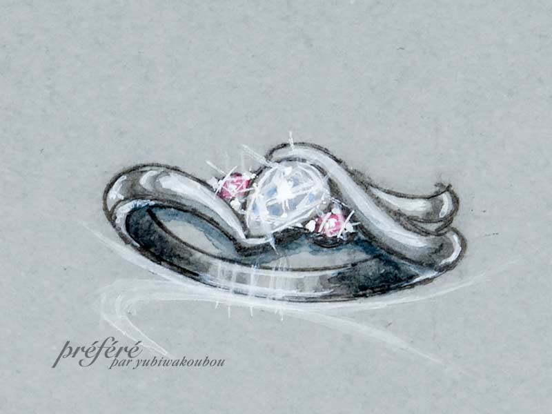 ペアシェイプとピンクのダイヤを添えた婚約指輪のデザイン画