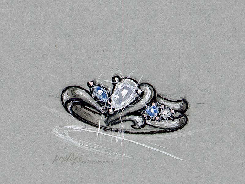ペアシェイプダイヤのオーダーメイドエンゲージリング（婚約指輪）の彩色デザイン画です