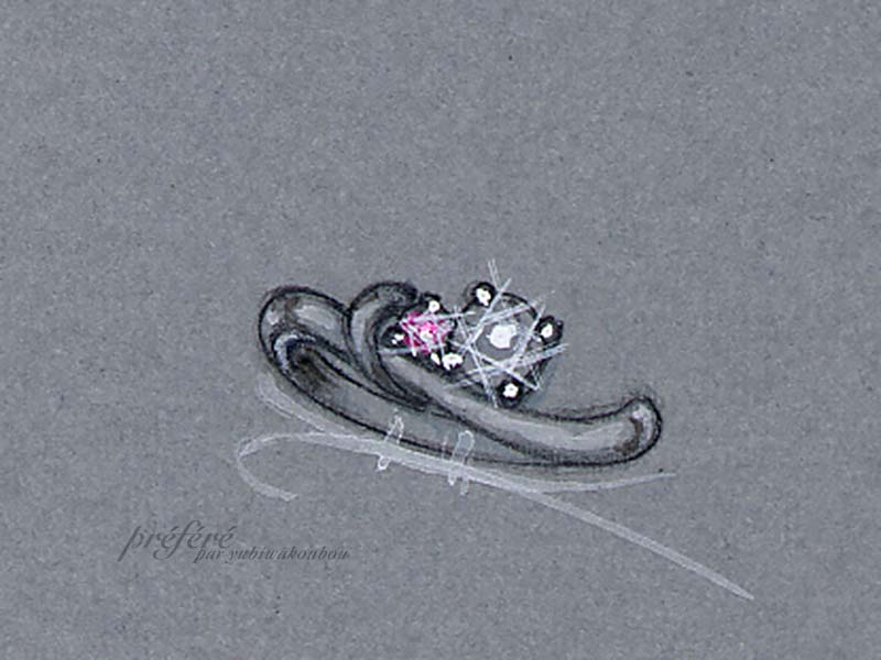 優しいライン上にお留めする二つのダイヤが輝く婚約指輪のイメージ画像