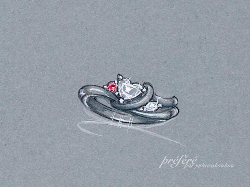 ハートダイヤに誕生石添えるサプライズプロポーズのエンゲージリング　デザイン画