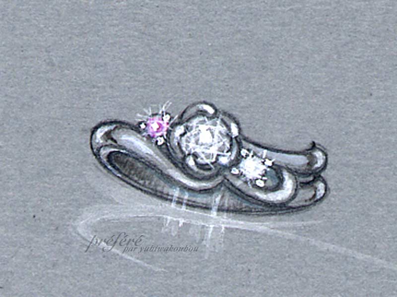 花びらにピンクのダイヤを添えるプロポーズリングの婚約指輪デザイン画