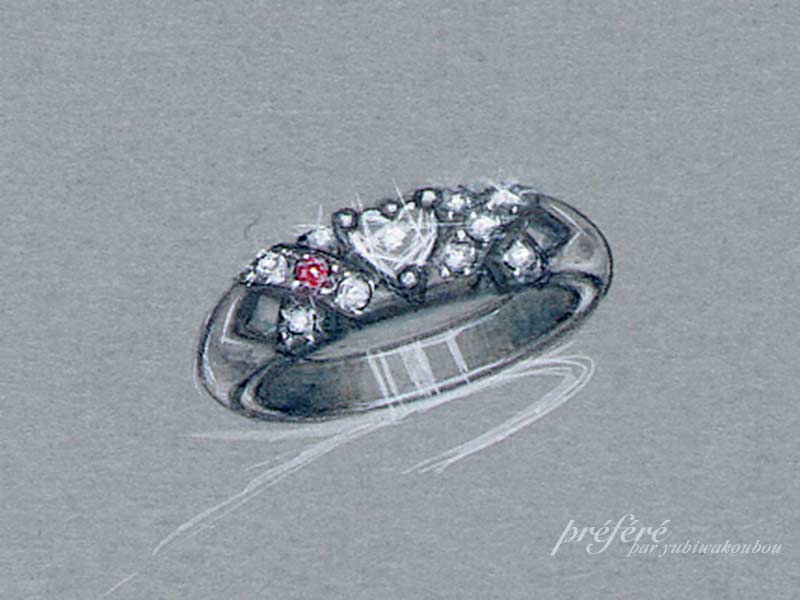 プロポーズとともにハートダイヤとルビーを入れた婚約指輪　イメージ