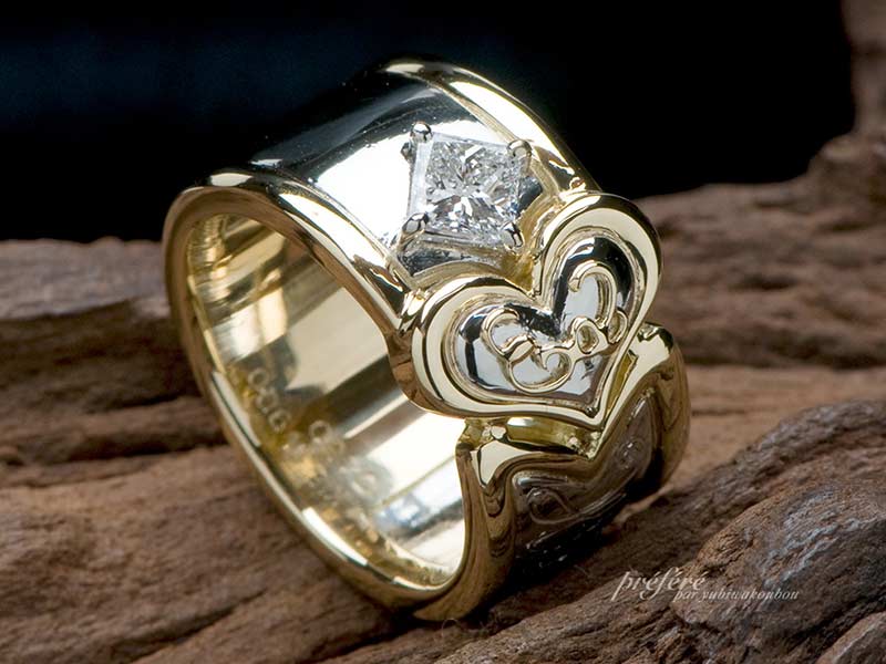 プリンセスダイヤを入れた幅広のオーダー婚約指輪