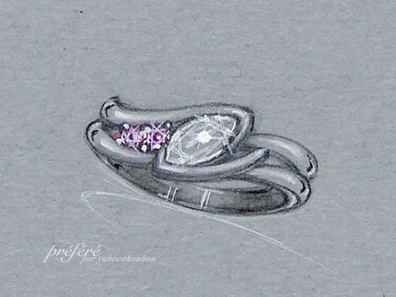 マーキスとパープルダイヤがお洒落な婚約指輪のデザイン画