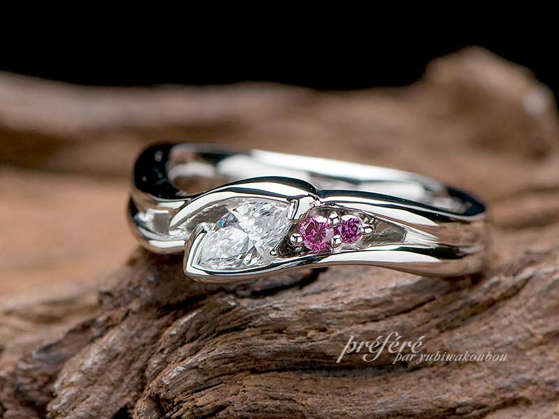 マーキスカットダイヤとパープルダイヤがお洒落なオーダーの婚約指輪