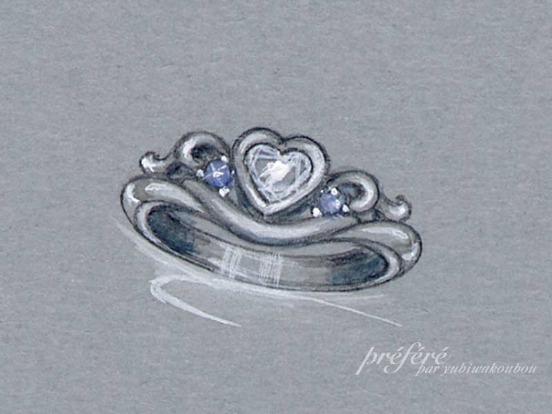 キュートなハートダイヤにアクアブルーダイヤを添えたオーダーメイド婚約指輪　イメージ画