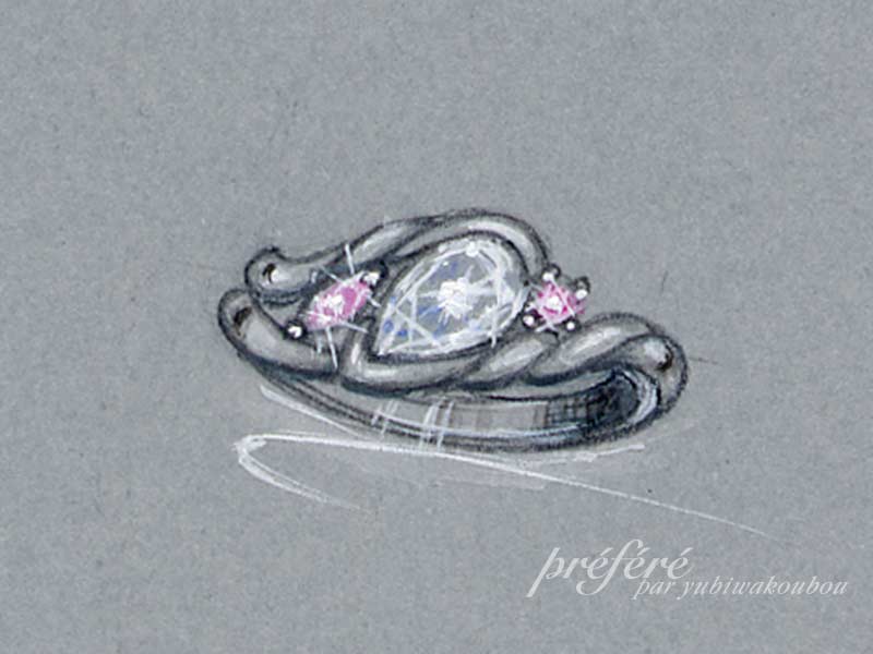 婚約指輪のデザインは愛のひとしずくのペアシェイプダイヤとピンクダイヤでオーダーメイド