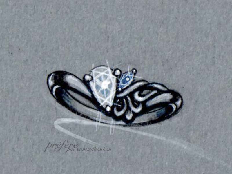 蝶モチーフの婚約指輪（エンゲージリング）オーダーのデザイン画