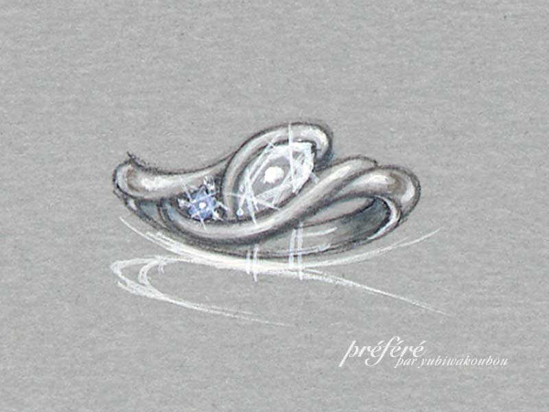 婚約指輪はオーダーメイドでマーキスダイヤをイニシャルが優しく包む　デザイン画