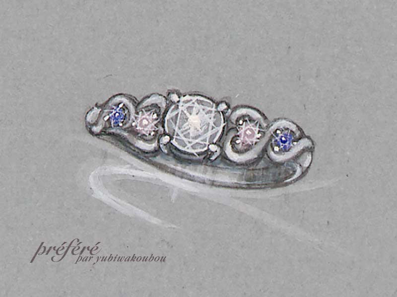 婚約指輪はオーダーメイドでイニシャルと透かしデザイン　デザイン画