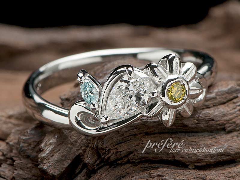 婚約指輪のオーダーはプロポーズと共に彼女の好きなひまわりデザインをプレゼント