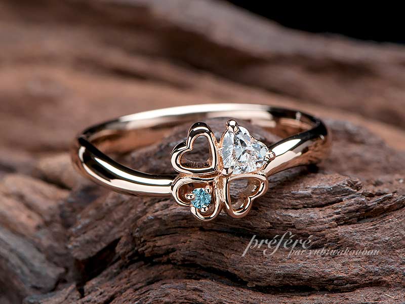 ハートのダイヤと四つ葉のクローバーを入れた婚約指輪