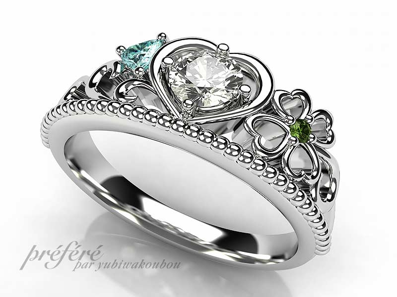 プロポーズの婚約指輪は四つ葉のクローバーを入れてティアラデザインでオーダーメイド