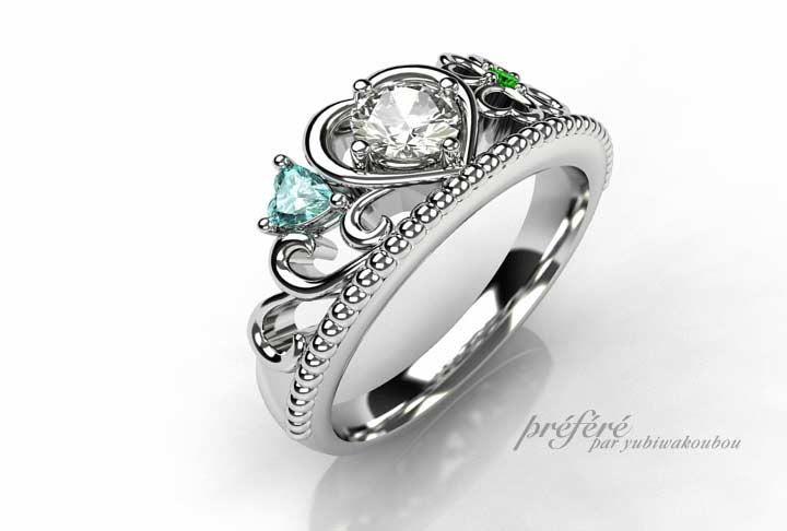 プロポーズの婚約指輪は四つ葉のクローバーを入れてティアラデザインでオーダーメイド CG