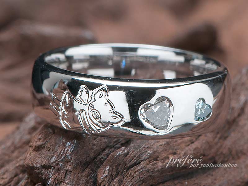 婚約指輪のオーダーはハートダイヤと豚さんのデザイン