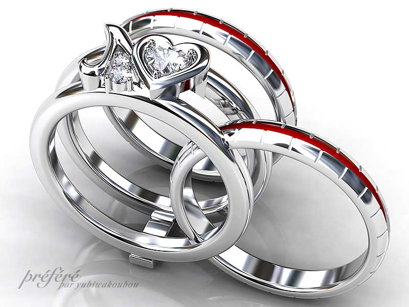 婚約指輪に結婚指輪をセットするオーダーでお創りするおしゃれなデザインのセットリング　CG