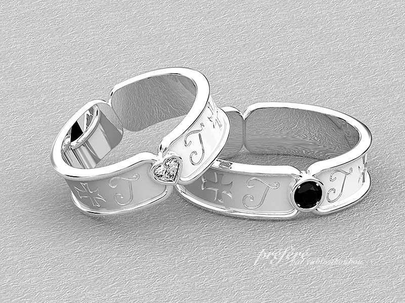 無限大リングにハートのダイヤとブラックダイヤを入れた結婚指輪　CG