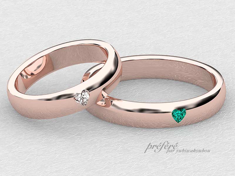 可愛いハートダイヤを入れるピンクゴールドの結婚指輪はオーダー