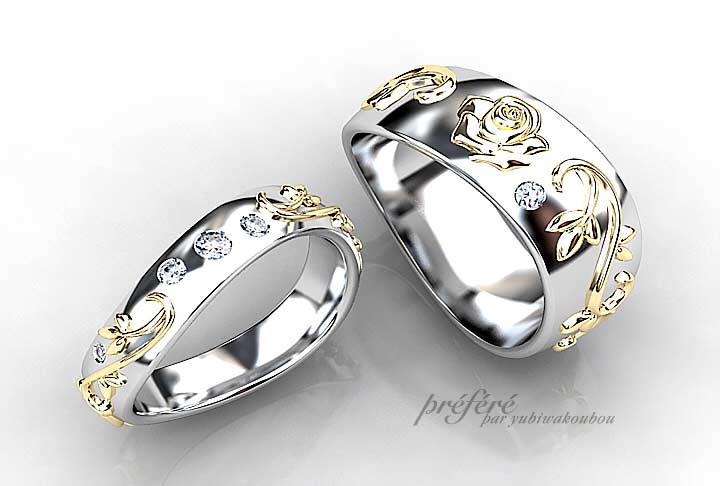 オーダーメイドの結婚指輪のデザインは薔薇の花とツルをモチーフにお創りしました
