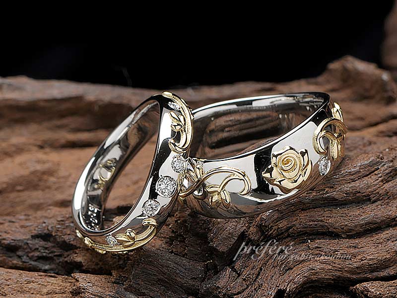 結婚指輪のデザインは薔薇の花とツルをモチーフ