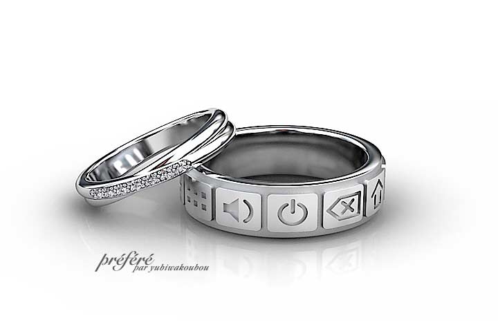 キーボードとクロスデザインのオーダー結婚指輪