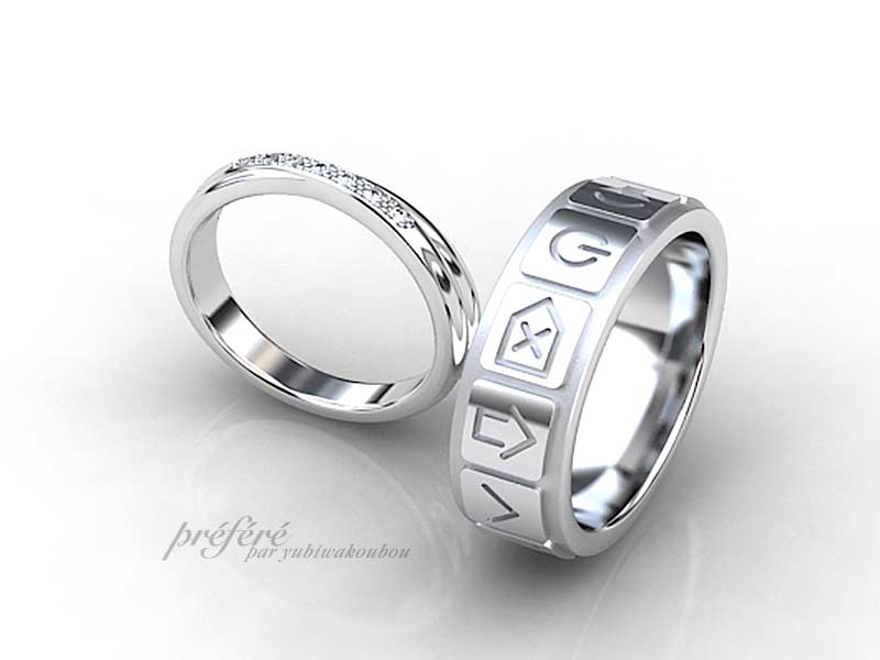 キーボードとクロスデザインの結婚指輪