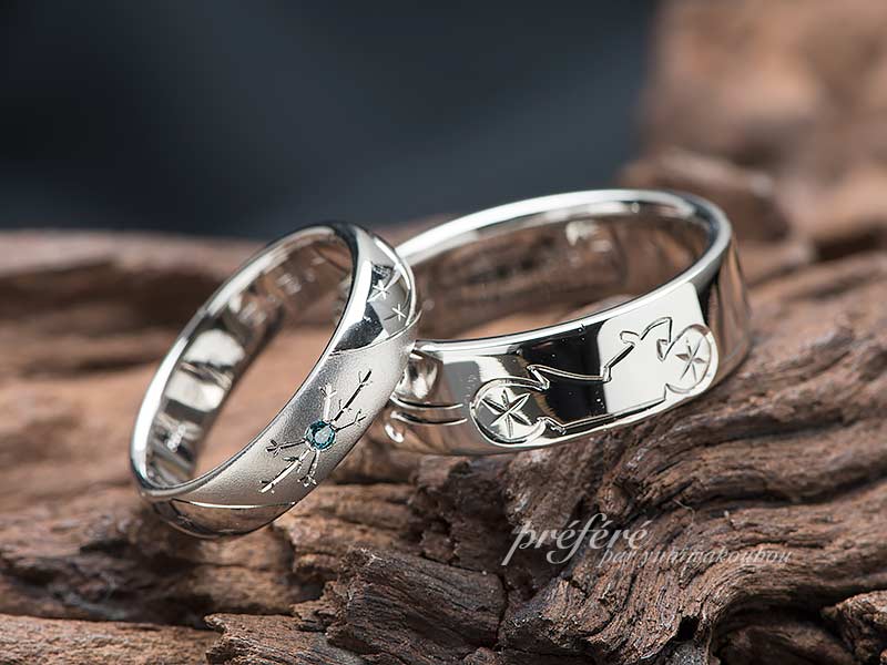 結婚指輪はオーダーメイドでバイクと雪の結晶をデザイン