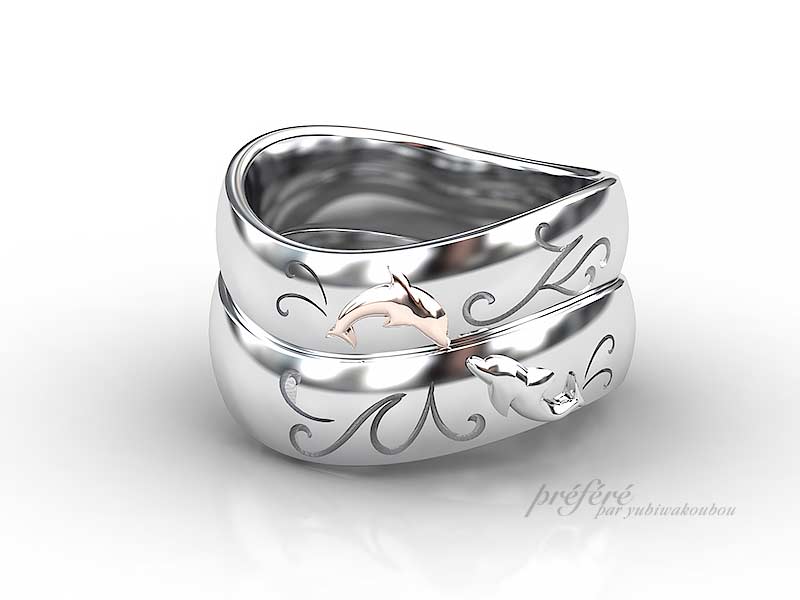 結婚指輪のオーダーメイドはイルカがキスするデザインです