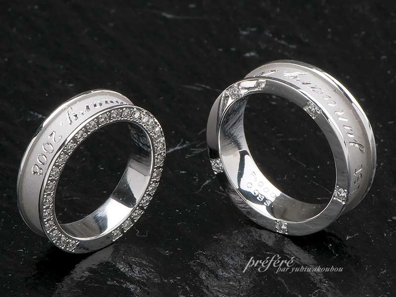 側面にイニシャルとダイヤを入れたオーダーメイドマリッジリング結婚指輪
