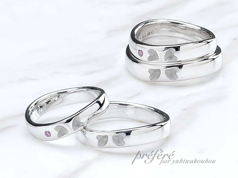 四つ葉のクローバーにピンクダイヤを添えたオーダーメイドの結婚指輪