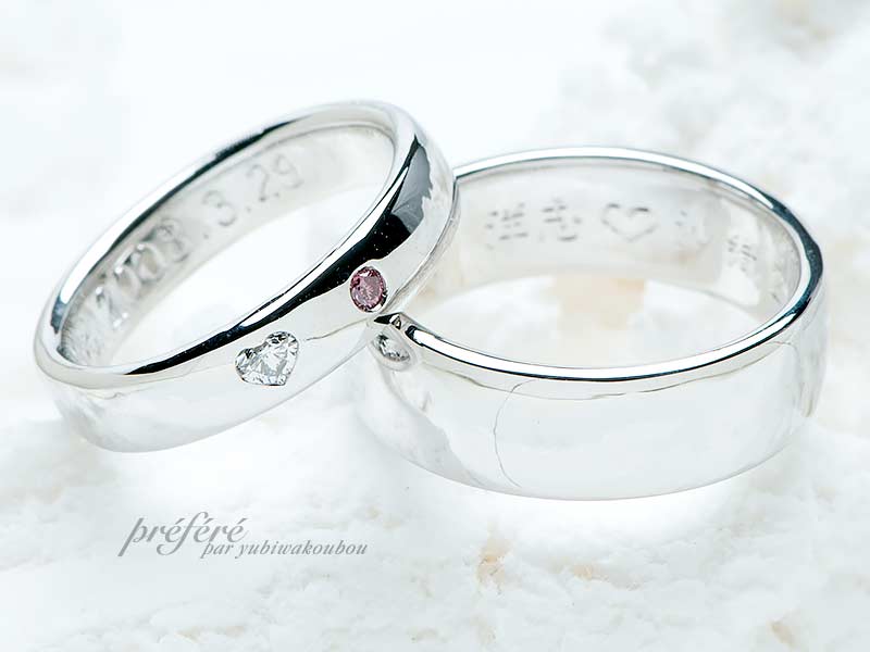 ハートダイヤを入れたシンプルでスタイリッシュな結婚指輪