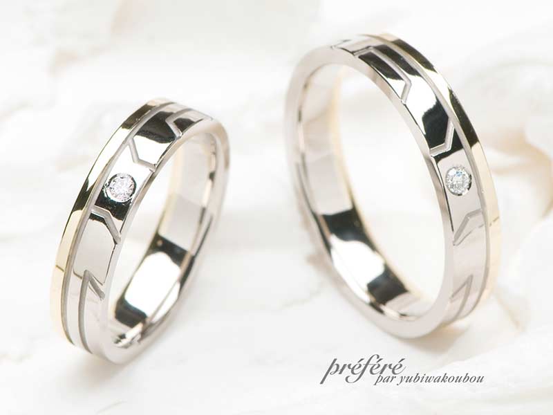 Ｋ１８ホワイトとイエローゴールド素材でイニシャルをデザインした結婚指輪