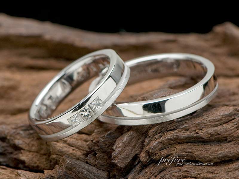 プリンセスダイヤとシンプルラインの入ったオーダーメイドの結婚指輪