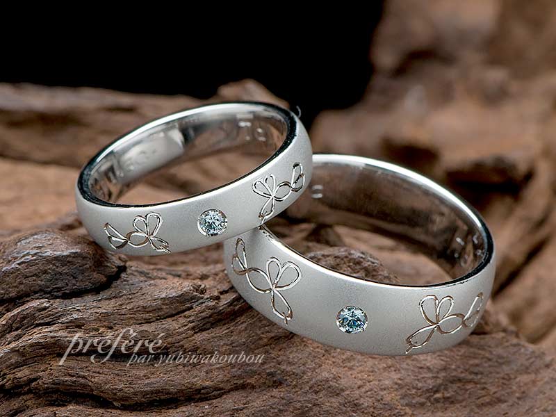 ハミングバードとアクアブルーダイヤをデザインした結婚指輪 | しあわせ指輪1000の想い