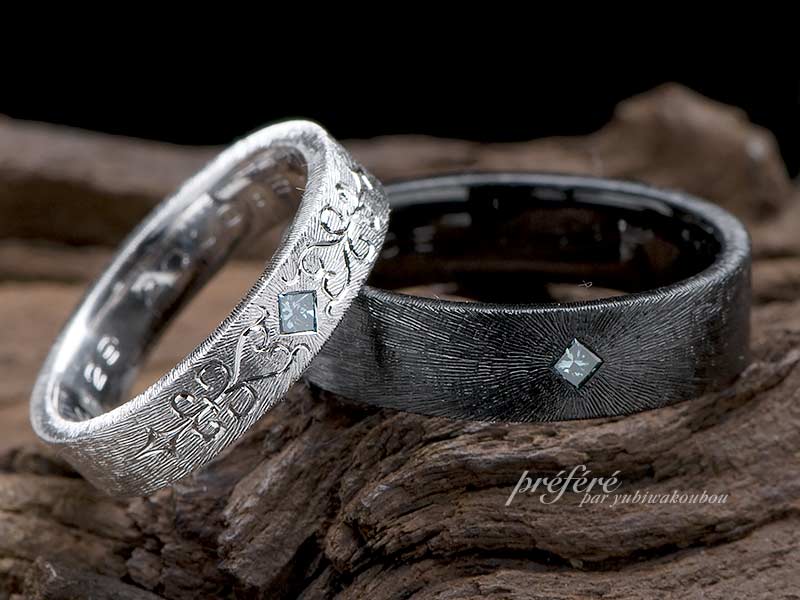 放射線状テクスチャーにプリンセスダイヤを配置した結婚指輪