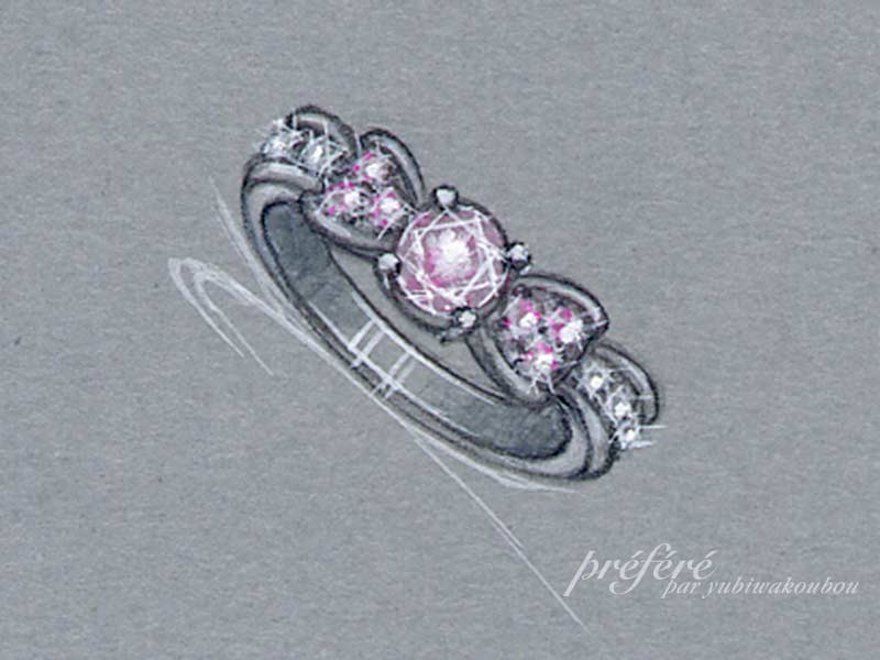 リボンのリングにピンクダイヤを入れてオーダーリメイク　イメージ