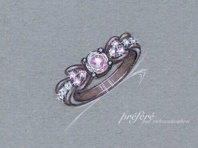 リボンのリングにピンクダイヤを入れてオーダーリメイク　イメージ
