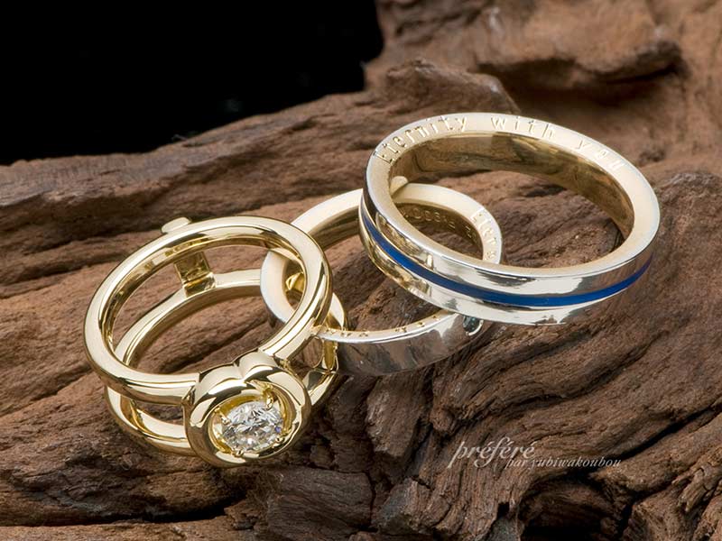 18金とプラチナのコンビ素材の結婚指輪と婚約指輪のセットリング｜結婚