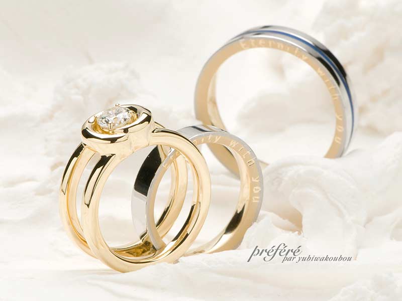 K１８とプラチナのコンビでお創りする結婚指輪と婚約指輪のセットリング