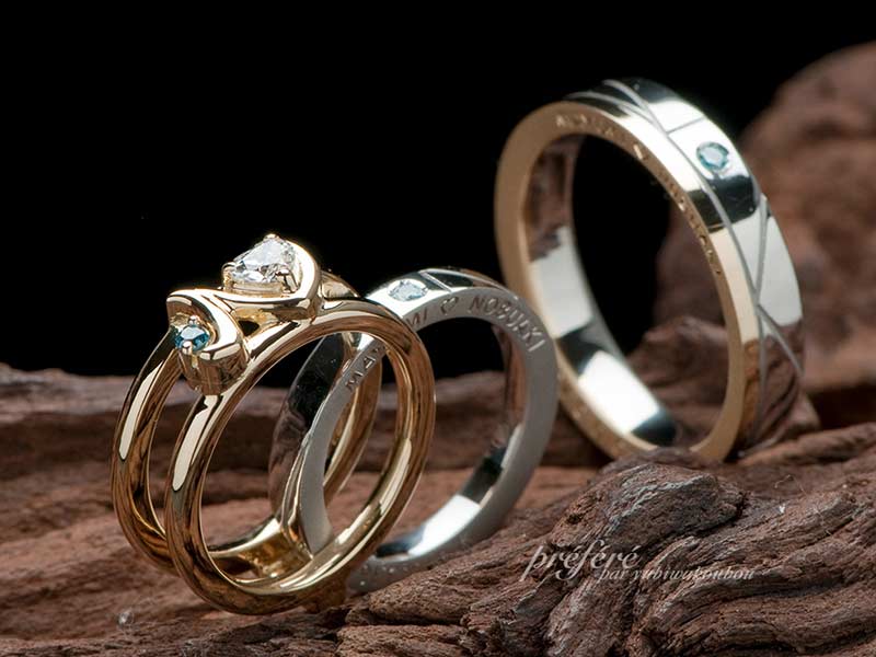 結婚指輪と婚約指輪をK１８とプラチナ素材でセットリング