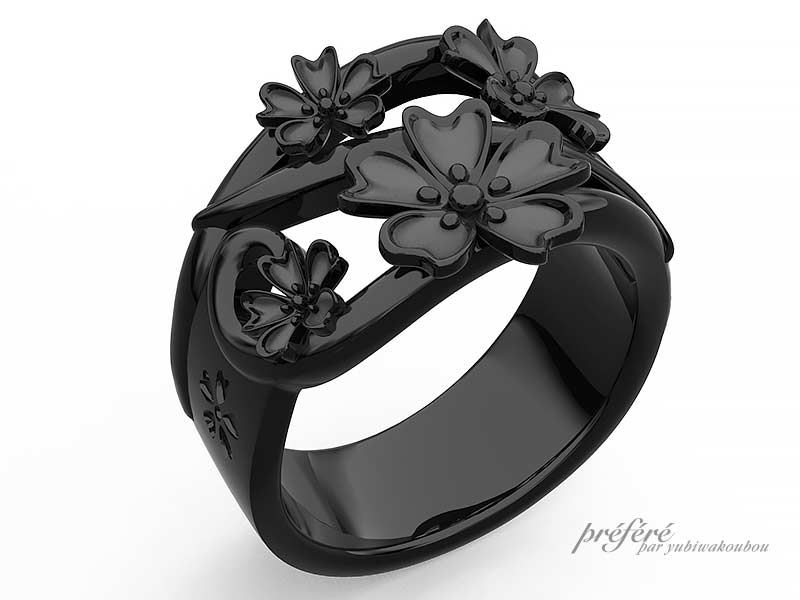 結婚指輪はオーダーメイドで桜モチーフでブラックリング