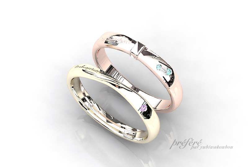 ピンクゴールドとシャンパンゴールドの結婚指輪はリボンデザインでオーダー
