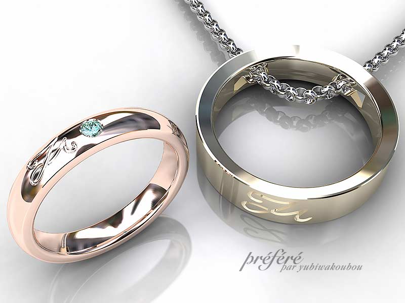 結婚指輪は二人が考えたイニシャルモチーフを刻んだデザインでオーダーメイド。